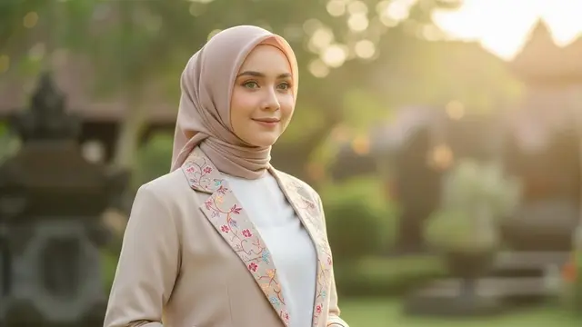 Gamis Polos Simpel Dipadukan Blazer Batik Etnik Kekinian