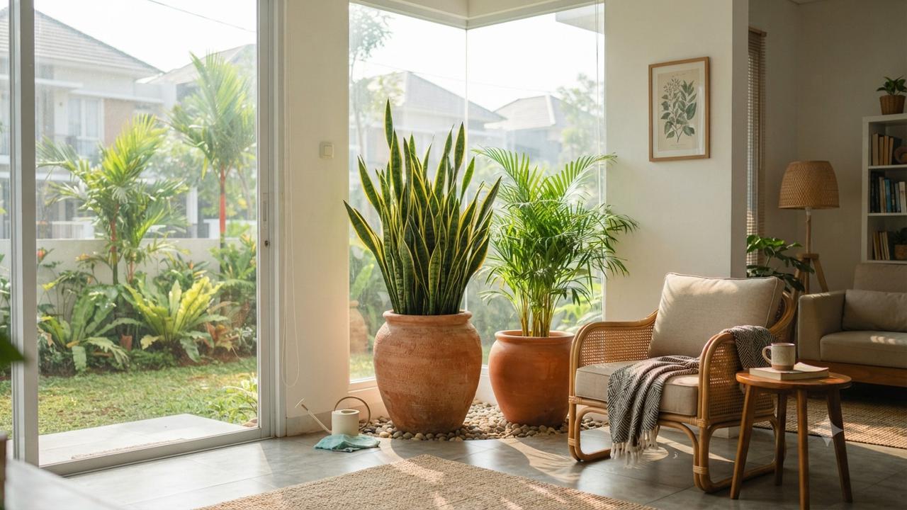 Ide Desain Rumah Rimbun untuk Perumahan Panas yang Teduh dan Tetap Rapi Nyaman Model Penempatan Pot Besar di Sudut Ruang Tamu Terbuka