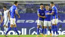 Pemain Brighton and Hove Albion merayakan gol yang dicetak oleh Leandro Trossard ke gawang Chelsea pada laga Premier League di Stadion Amex, Selasa (15/9/2020). The Blues menang dengan skor 3-1. (Richard Heathcote/Pool via AP)