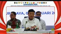 Menteri Koordinator Politik, Hukum, dan Keamanan (Menko Polhukam) Budi Gunawan dalam Konferensi Pers Hasil Penindakan Impor &amp; Ekspor di Wilayah Jawa Timur 2024-2025. (Liputan6.com/Tira)