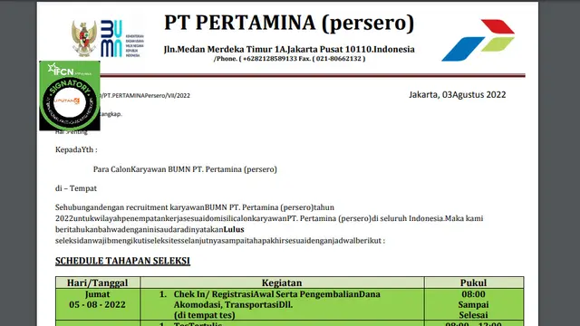 Tangkapan layar  surat pemanggilan seleksi calon pegawai Pertamina