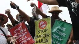 Perwakilan petani tebu menebarkan gula rafinasi saat berunjuk rasa di sekitar depan Istana Negara, Jakarta, Selasa (16/10). Mereka menuntut pemerintah menyetop impor gula karena dinilai merugikan petani. (Liputan6.com/Helmi Fithriansyah)