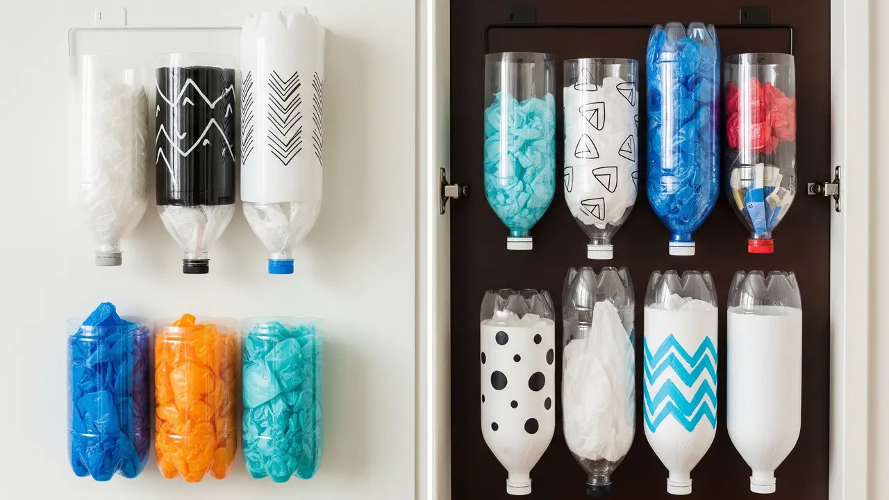 Ide Tempat Penyimpanan Plastik dan Kantong Belanja dari Botol Bekas (AI Generated)
