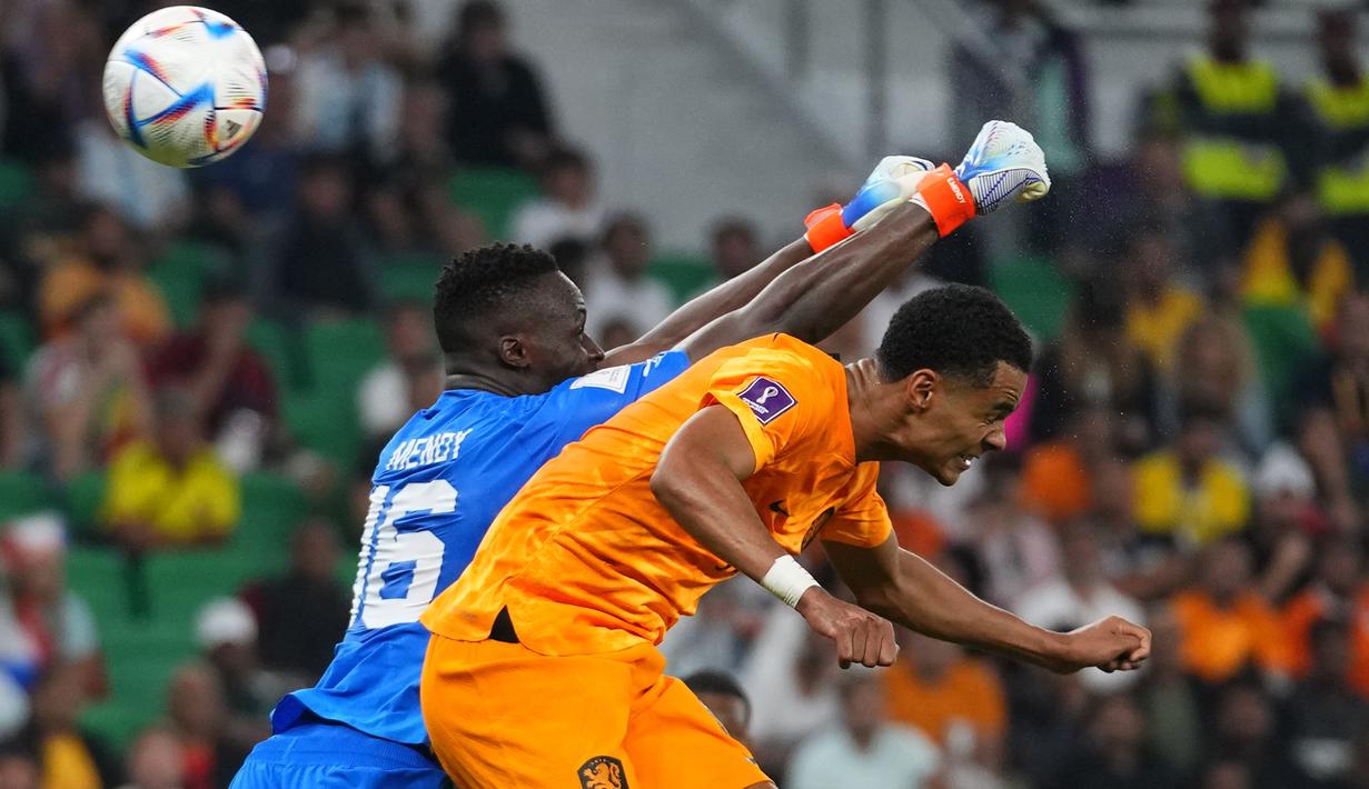 Sebagai tim unggulan di Grup A, Belanda harus bersusah payah memetik tiga poin penuh di laga perdana Grup A menghadapi Senegal yang tidak diperkuat Sadio Mane, Senin (21/11/2022) malam WIB di Al Thumama Stadium, Doha, Qatar. Belanda baru berhasil memastikan kemenangan pada lima menit akhir pertandingan lewat dua gol Cody Gakpo dan Davy Klaassen. (AP/Petr David Josek)