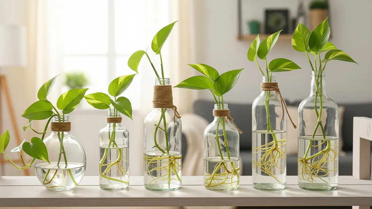 Menanam Pothos di Botol Kaca Bekas untuk Dekorasi Rumah (AI Generated)