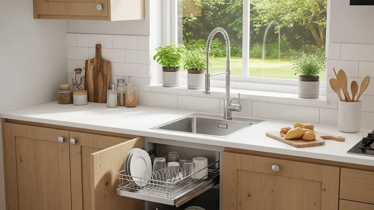Model Dapur dengan Rak Piring Tarik di Samping Sink (AI Generated)