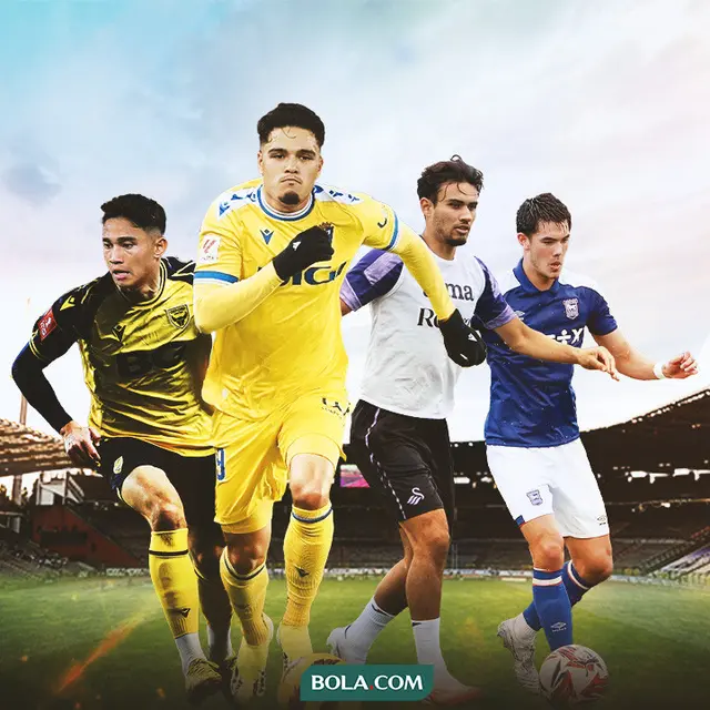Ilustrasi - Ragnar Oratmangoen (jersey Cadiz), Elkan Baggott (Ipswich), Marselino Ferdinan (jersey Oxford United), Nathan Tjoe-A-On (Swansea)
