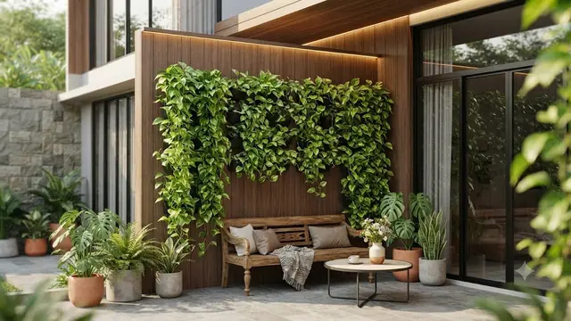 Kombinasi Sirih Gading dan Panel Kayu WPC untuk Teras Rumah
