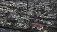 Sebuah gambar yang menyebar luas di internet menampilkan satu rumah yang masih utuh di tepi pantai Lahaina pasca kebakaran hutan, memicu rasa penasaran banyak orang tentang bagaimana rumah tersebut bisa selamat. (sumber: AFP via Getty Images)