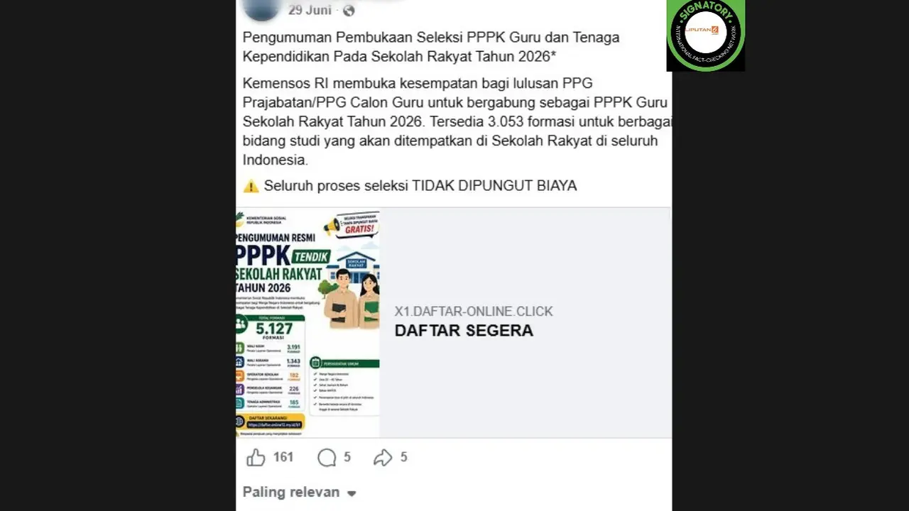 Cek Fakta Liputan6.com mendapati klaim link pendaftaran PPPK Guru Sekolah Rakyat Tahun 2026.