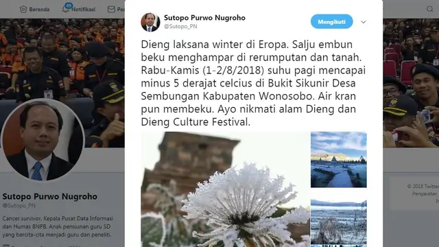 Tangkapan layar Twit Juru Bicara BNPB Sutopo Purwo Nugroho. ( Foto: Liputan6.com/Sutopo Purwo Nugroho-via Twitter/Muhamad Ridlo).
