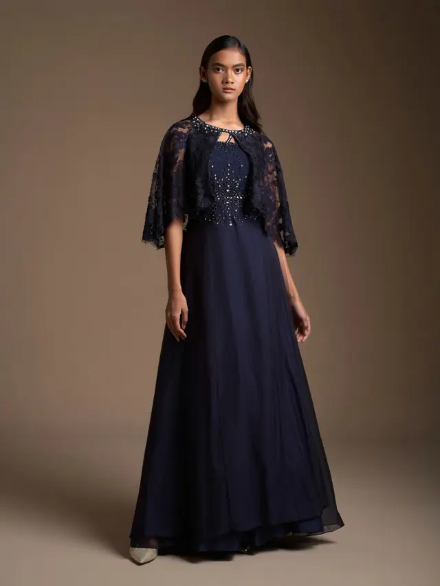 Long Dress Brokat Layer Cape Modern Formal