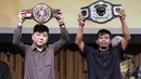 NEX Road to Champion, suatu kejuaraan pencarian bakat fighter berskala nasional. Tampak dalam foto ini, Head of Sports Business Emtek Group sekaligus CEO Nex, Hendy Lim (kiri) bersama Ketua Interdisciplinary Combat Council (ICC), Suwardi (kanan) menunjukan sabuk juara di sela-sela konferensi pers terkait Nex Road To Champion di SCTV Tower, Selasa (7/4/2026).
