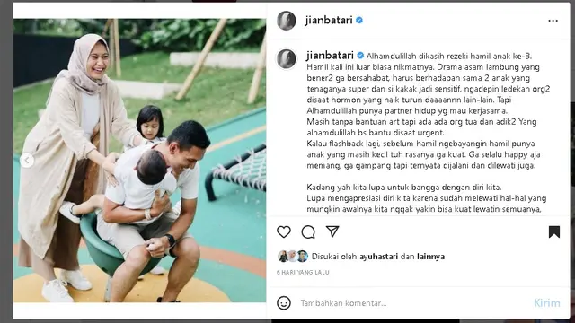 Bintang FTV Pintu Berkah, Jian Batari bahagia dikaruniai anak ketiga (Foto: Instagram @jianbatari)