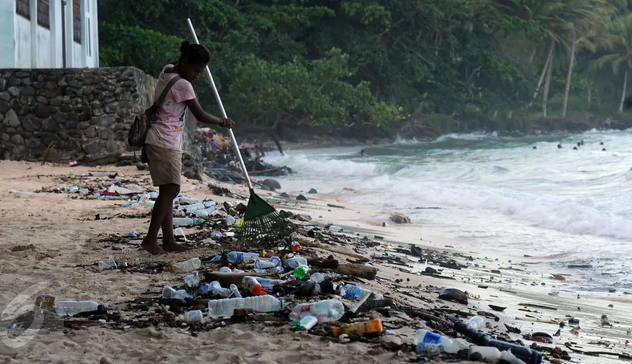 Warga berusaha membersihkan sampah di pantai Pasir Putih, Manokwari, Papua Barat, Senin (15/8/2016). Tampak, sisa botol berserakan, kondisi ini bisa mengurangi daya tarik wisatawan menikmati keindahan alam Papua Barat. (Liputan6.com/Helmi Fithriansyah)