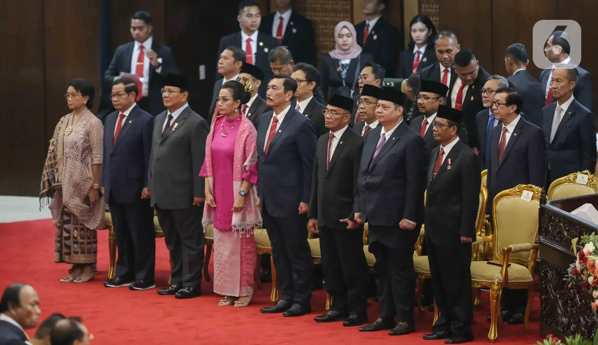 Sejumlah Menteri saat menghadiri  pembukaan masa persidangan I DPR tahun sidang 2023-2024 di Gedung Nusantara, Kompleks Parlemen, Senayan, Jakarta, Rabu (16/8/2023). (Liputan6.com/Faizal Fanani)