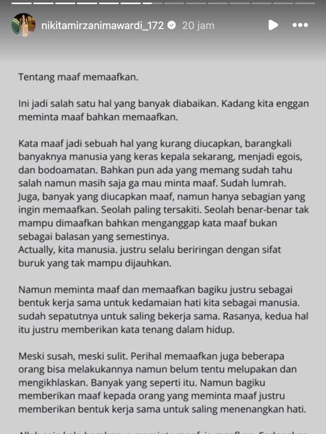 Unggahan Nikita Mirzani. (Foto: Dok. Instagram @nikitamirzanimawardi_172)