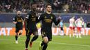 Pemain Real Madrid, Brahim Diaz melakukan selebrasi setelah mencetak gol ke gawang RB Leipzig pada laga leg pertama 16 besar Liga Champions 2023/2024 di Red Bull arena stadium, Leipzig, Jerman, Rabu (14/02/2024) dini hari WIB. (AP Photo/Matthias Schrader)