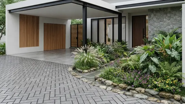 Carport dengan Paving Block Berpori dan Rain Garden