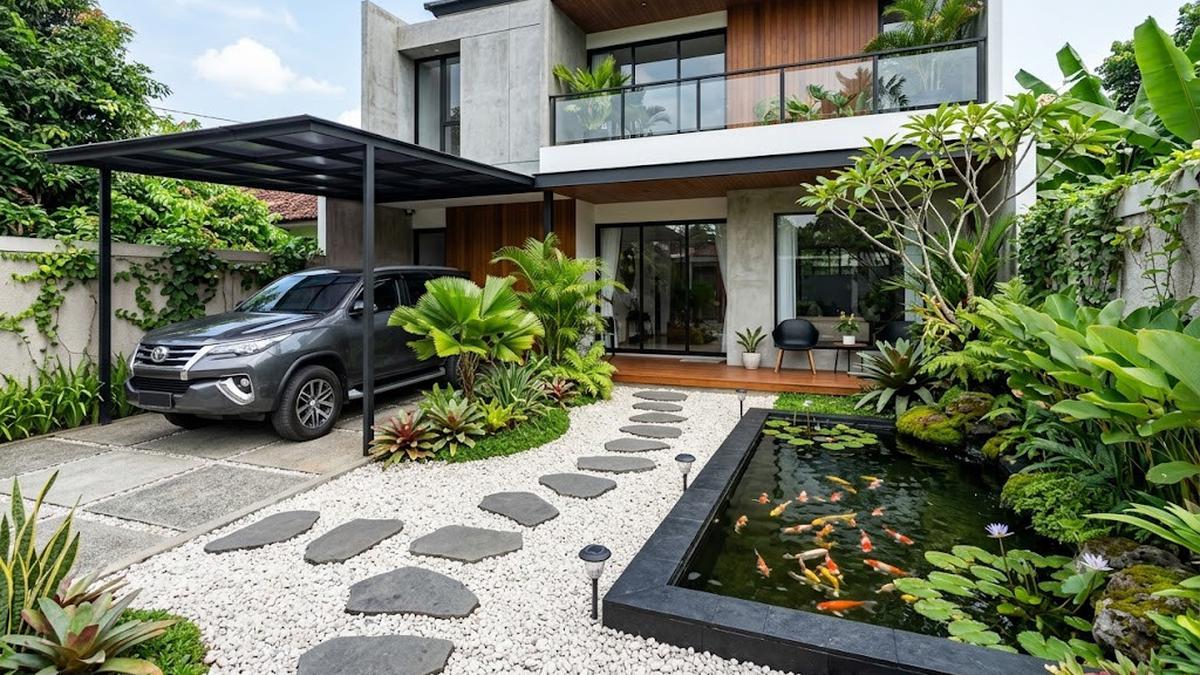 10 Inspirasi Halaman Depan Bergaya Zen Tropis yang Sejuk, Rapi, dan Menenangkan
