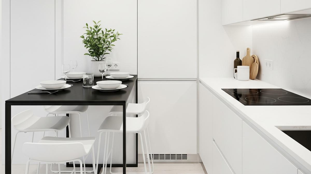 8 Desain Dapur Rumah Minimalis Menyatu Ruang Makan dengan Meja Keramik Simpel, Tampak Elegan