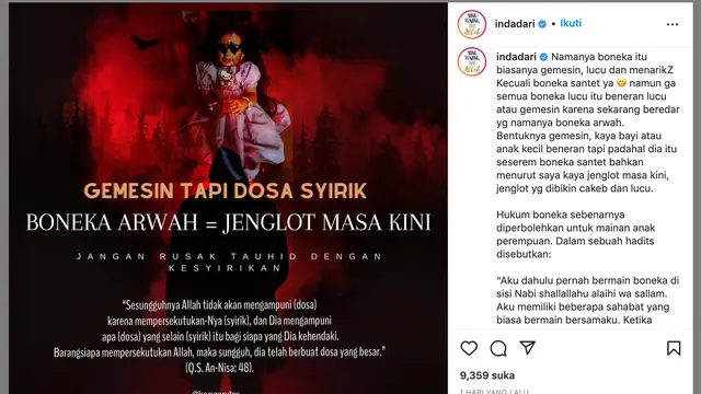 Unggahan Indadari soal fenomena boneka arwah. (Foto: Dok. Instagram @indadari)
