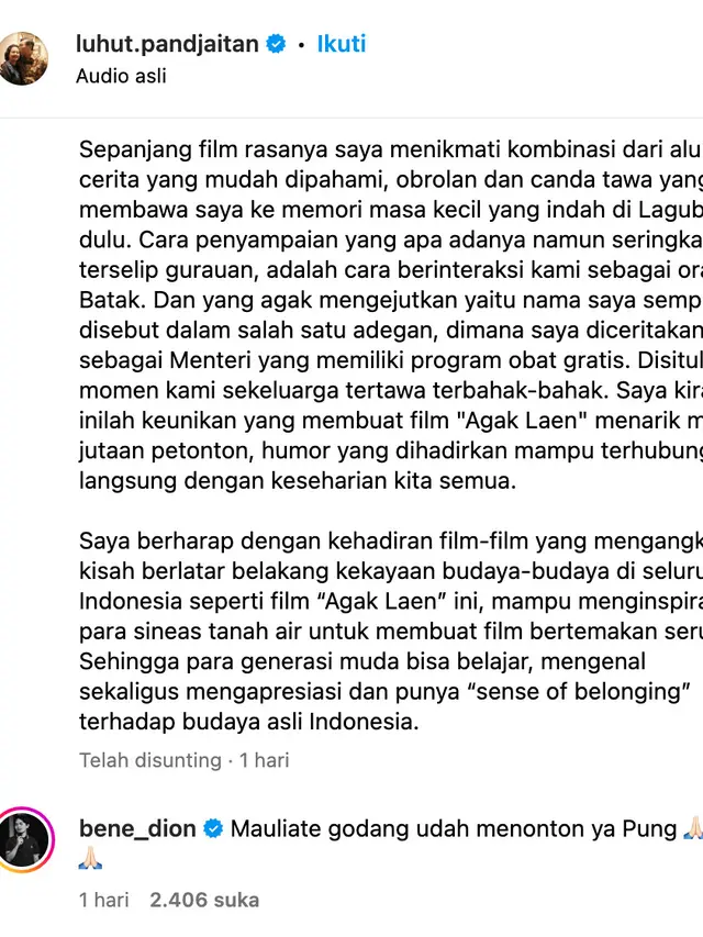 Unggahan Luhut Binsar Pandjaitan. (Foto: Dok. Instagram @luhut.pandjaitan)
