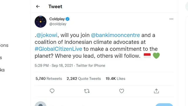 Coldplay mengundang Presiden Jokowi untuk terlibat dalam Global Citizen Live (Twitter)