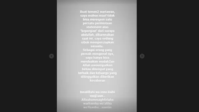 Doa Indra Bruggman Atas Meninggalnya Aktris Soraya Abdullah