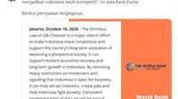 Presiden Joko Widodo (Jokowi) mengunggah cuitan tentang dukungan Bank Dunia terhadap Omnibus Law UU Cipta Kerja. Cuitan itupun menjadi viral.
