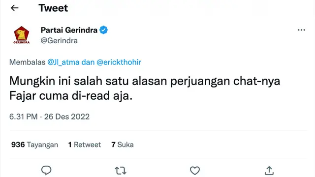 Cuitan akun Partai Gerindra mengomentari drama Fajar Sadboy. (Foto: Dok. Twitter @gerindra)