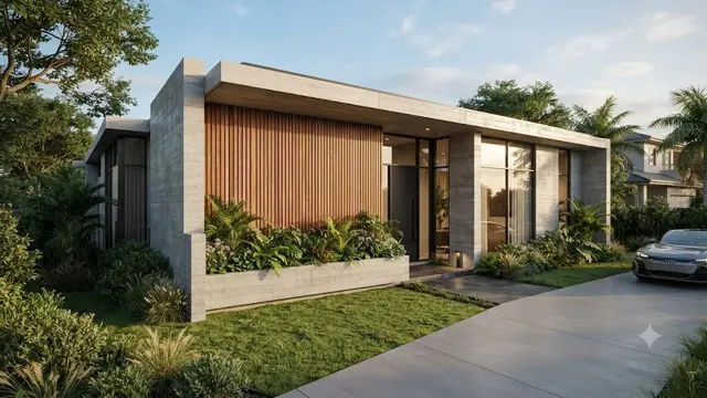 Desain Fasad dengan Aksen Beton Ekspos dan Tanaman