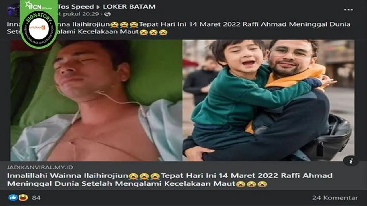 Gambar Tangkapan Layar Kabar Hoaks Artis Raffi Ahmad Meninggal Dunia Akibat Kecelakaan Maut pada 14 Maret 2022 (sumber: Facebook).