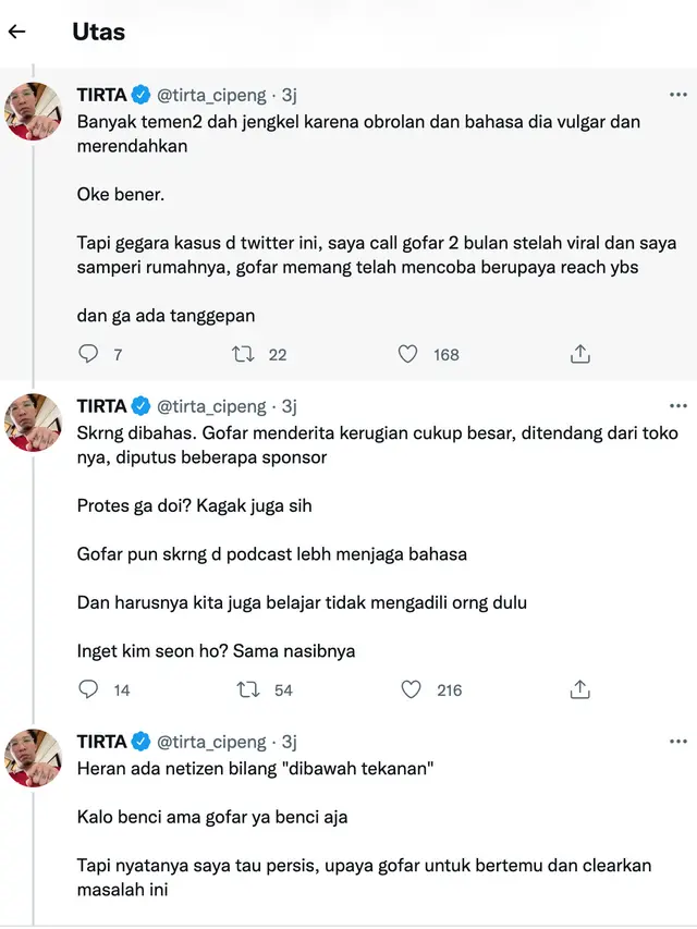 Cuitan dokter Tirta soal Gofar Hilman. (Foto: Dok. Twitter @tirta_cipeng)