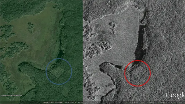Kota suku Maya ditemukan lewat citra satelit. (Sumber Google Earth)