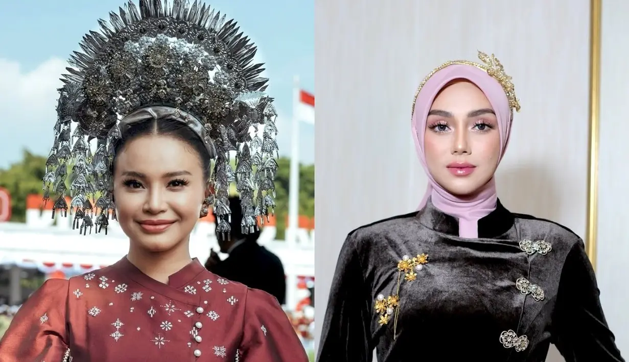 Margin Wieheerm tampil elegan dalam kebaya janggan merah berlis putih yang dipadukan dengan kain batik bernuansa senada. Hijab merah dan bros emas menjadi pelengkap yang mempertegas kesan anggun sekaligus patriotik. [@marginw].
