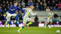 Manchester City harus puas bermain imbang 3-3 kontra Everton pada laga pekan ke-35 Premier League musim ini di Hill Dickinson Stadium, Liverpool, Selasa (05/05/2026) dini hari WIB. Satu dari tiga gol Man City dicetak Erling Haaland. (AP Photo/Dave Thompson)