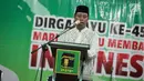Ketua Umum DPP PPP Muhammad Romahurmuziy memberikan pidato politik dalam acara tasyakuran harlah ke-45 PPP di Kantor DPP PPP, Jalan Diponegoro, Menteng, Jakarta, Jumat (5/1). (Liputan6.com/Faizal Fanani)