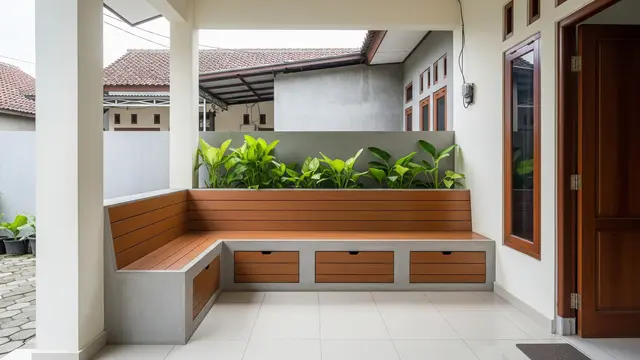 Teras Tanpa Furnitur Cocok untuk Rumah Kecil Model Multifungsi dengan Bangku Permanen