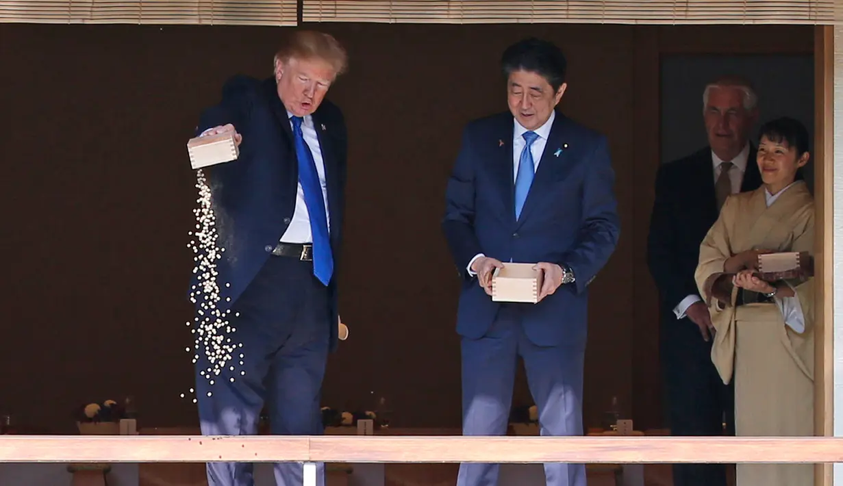 Presiden AS Donald Trump, disaksikan PM Jepang Shinzo Abe, menuangkan seluruh isi kotak makanan ikan ke kolam koi di Istana Akasaka, Tokyo, Senin (6/11). Insiden itu memicu kemarahan di kalangan pecinta ikan. (Toru Hanai/Pool Photo via AP)