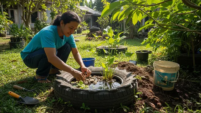 Cara Membuat Kolam Mini dari Ban Bekas/AI Generated