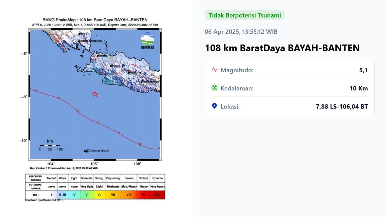 Gempa hari ini di akhir pekan, Minggu (6/4/2025) terjadi siang tadi pukul 13:55:12 WIB di wilayah Bayah, Provinsi Banten.