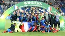 Pasukan Les Bleus muda sukses menjuarai ajang Piala Eropa 2016 U-19 usai mengandaskan Italia U-19 empat gol tanpa balas, Jerman, Minggu (24/7) Prancis pun kini tercatat telah menjuarai ajang Piala Eropa U-19 sebanyak tiga kali.(AFP PHOTO/Daniel Roland) 