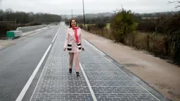 Menteri Ekologi, Pembangunan Berkelanjutan, dan Energi Prancis, Segolene Royal berdiri di jalan raya dengan panel surya saat peresmian di Tourouvre, Normandia (22/12). (Reuters/Benoit Tessier)