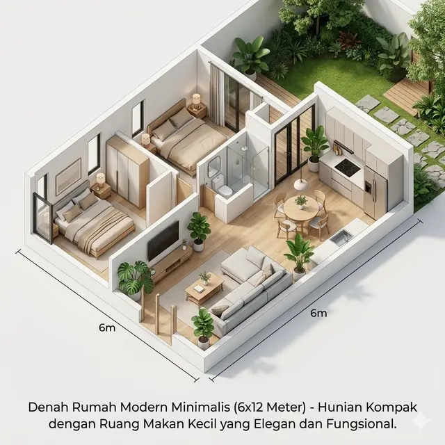 Denah Rumah 6x12 dengan Ruang Makan Kecil