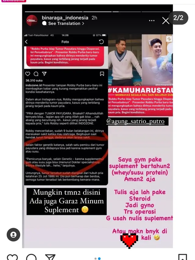 Unggahan Robby Purba soal komentar nyinyir seputar faktor pemicu tumor payudara. (Foto: Instagram @robbypurba)