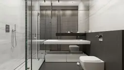 Dengan kombinasi warna putih yang seimbang, monokrom bisa juga diterapkan di kamar mandi.(home-designing.com)