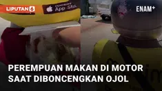 Aksi kocak dilakukan oleh seorang perempuan saat makan di motor