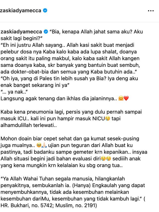 Unggahan Zaskia Adya Mecca. (Foto: Dok. Instagram @zaskiadyamecca)