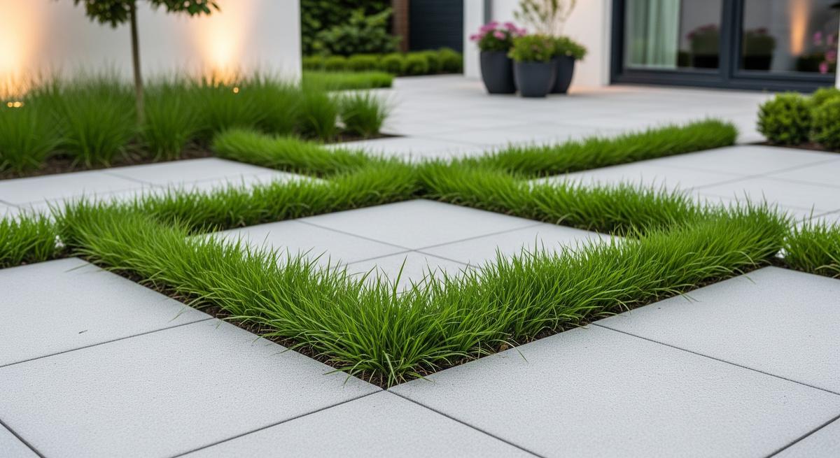 Rumput Gajah Mini (Pennisetum purpureum 'Dwarf') di Paving Halaman Rumah (Gemini AI)